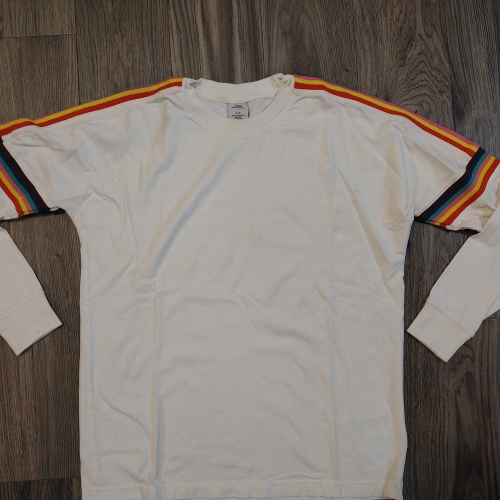 Urban Outfitters White Tee with Colorful Sleeve Accents